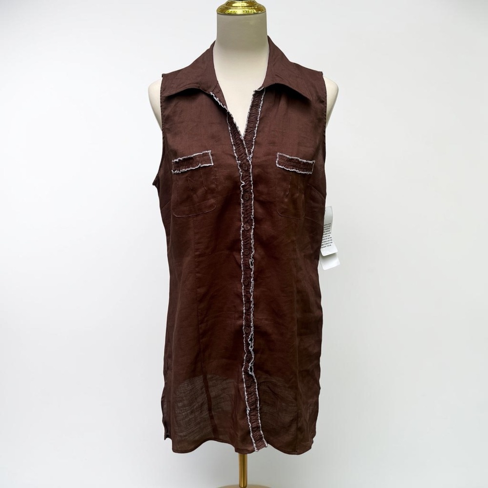Allison Taylor Linen Tunic L Brown Sleeveless Button Front Ruffle‎ NEW Lagenlook